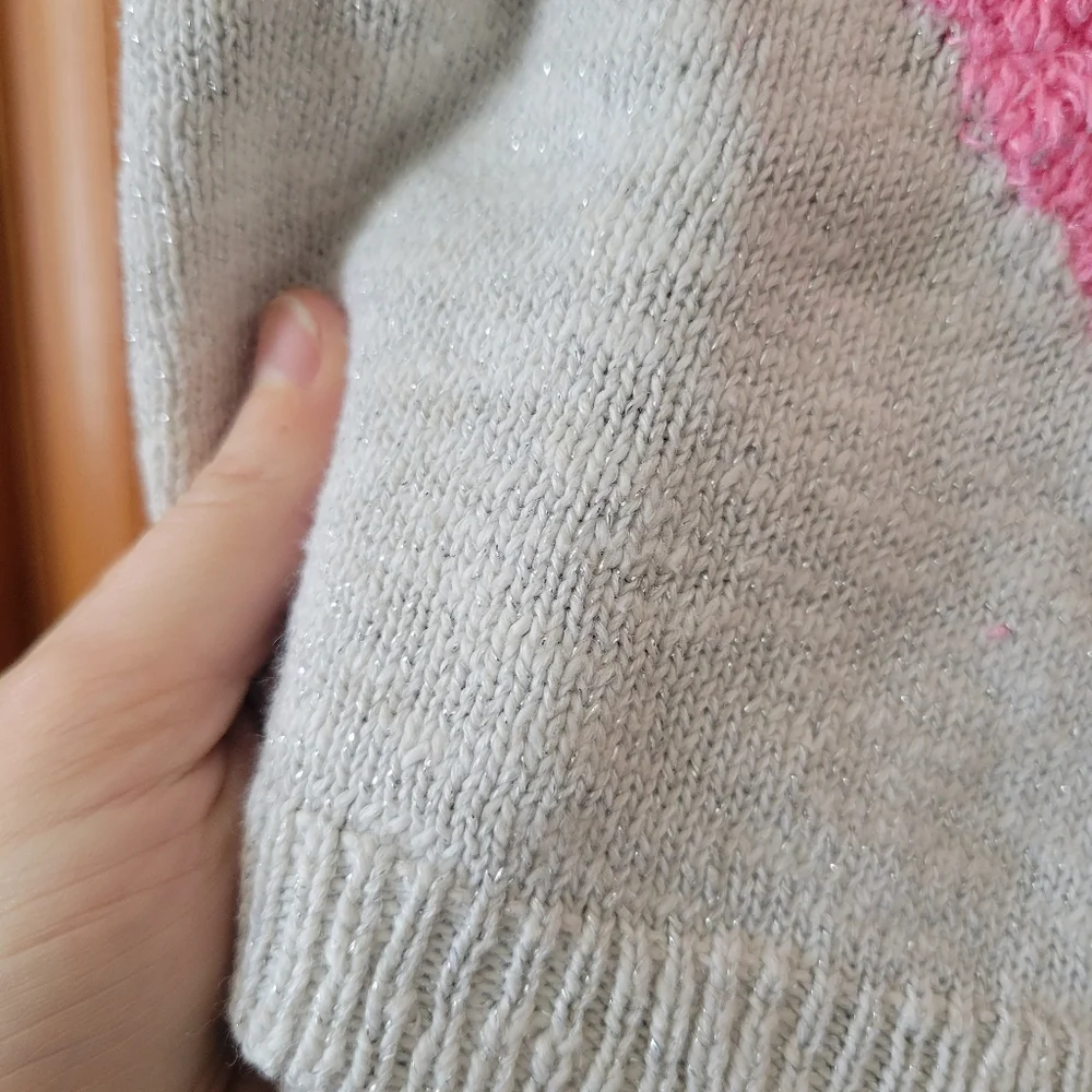 Girls Justice Pink Fuzzy Heart Sweater with Cream And Black Stripes 10